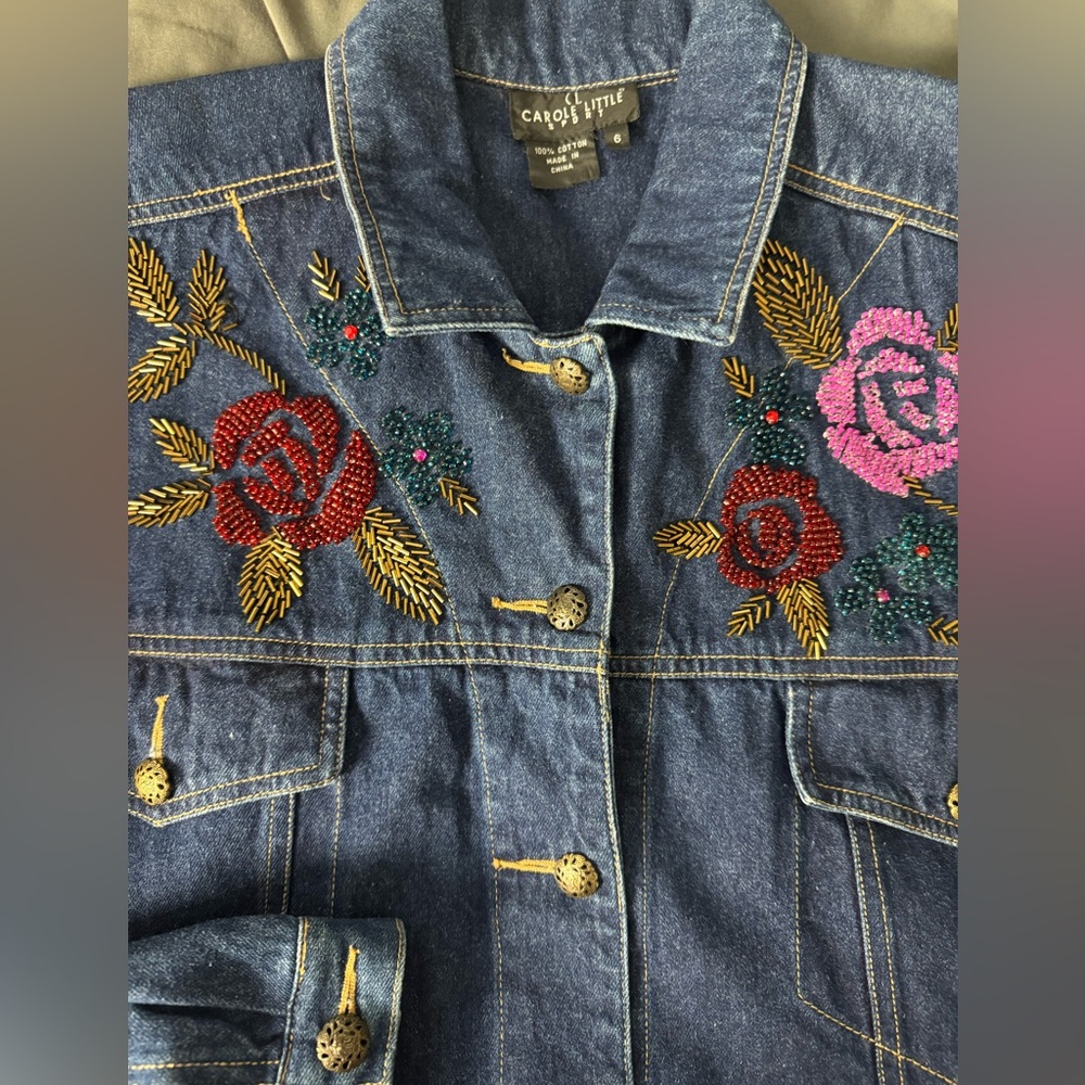 Vintage Embroidered Beaded Carole Little Denim Jacket size 6 - Picture 3 of 8